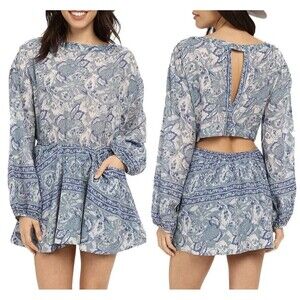 FREE PEOPLE Size M Washed Blue Silver Sun Floral Paisley Dress Boho Hippie Fairy